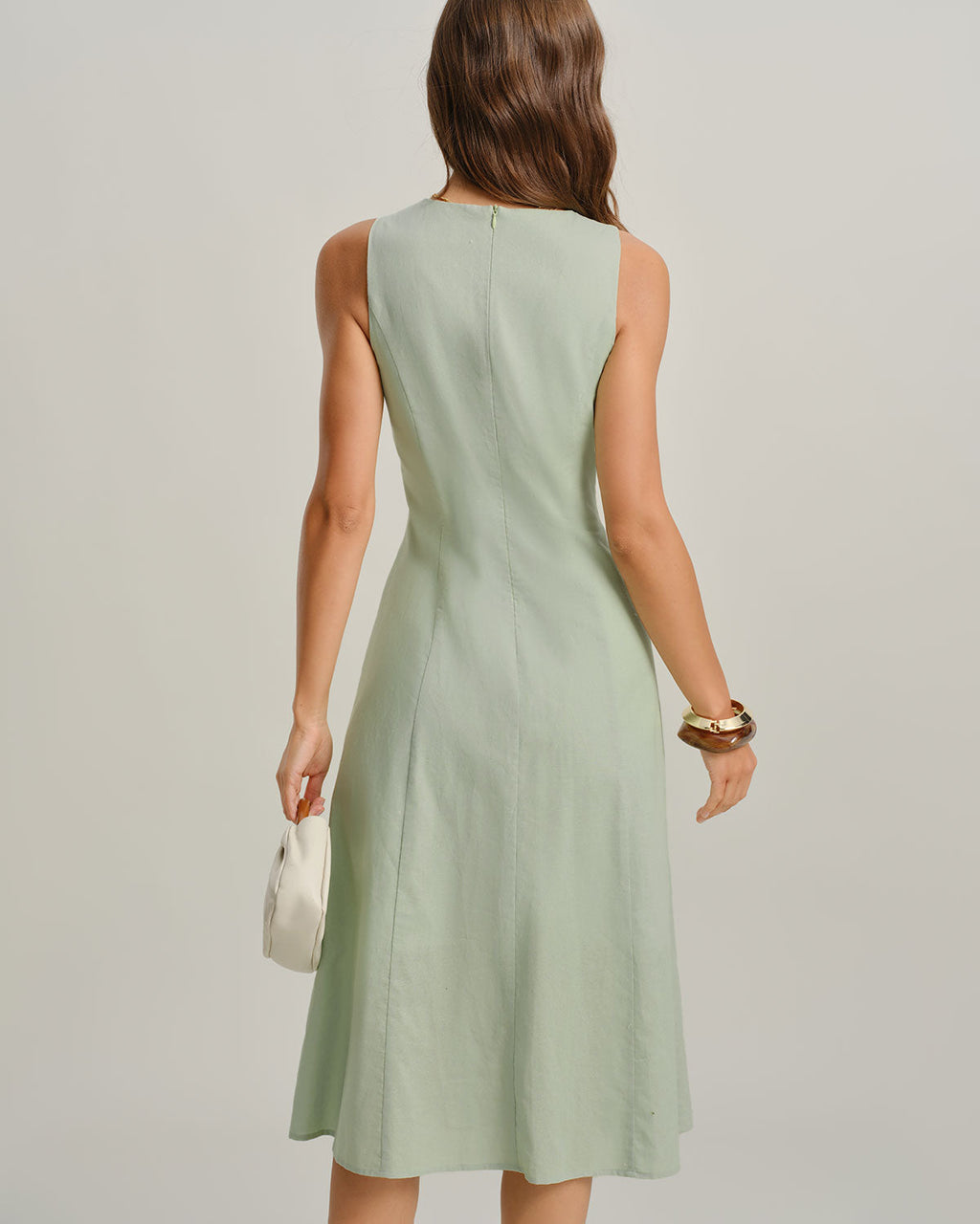 Green Sleeveless Midi Dress with Round Neck