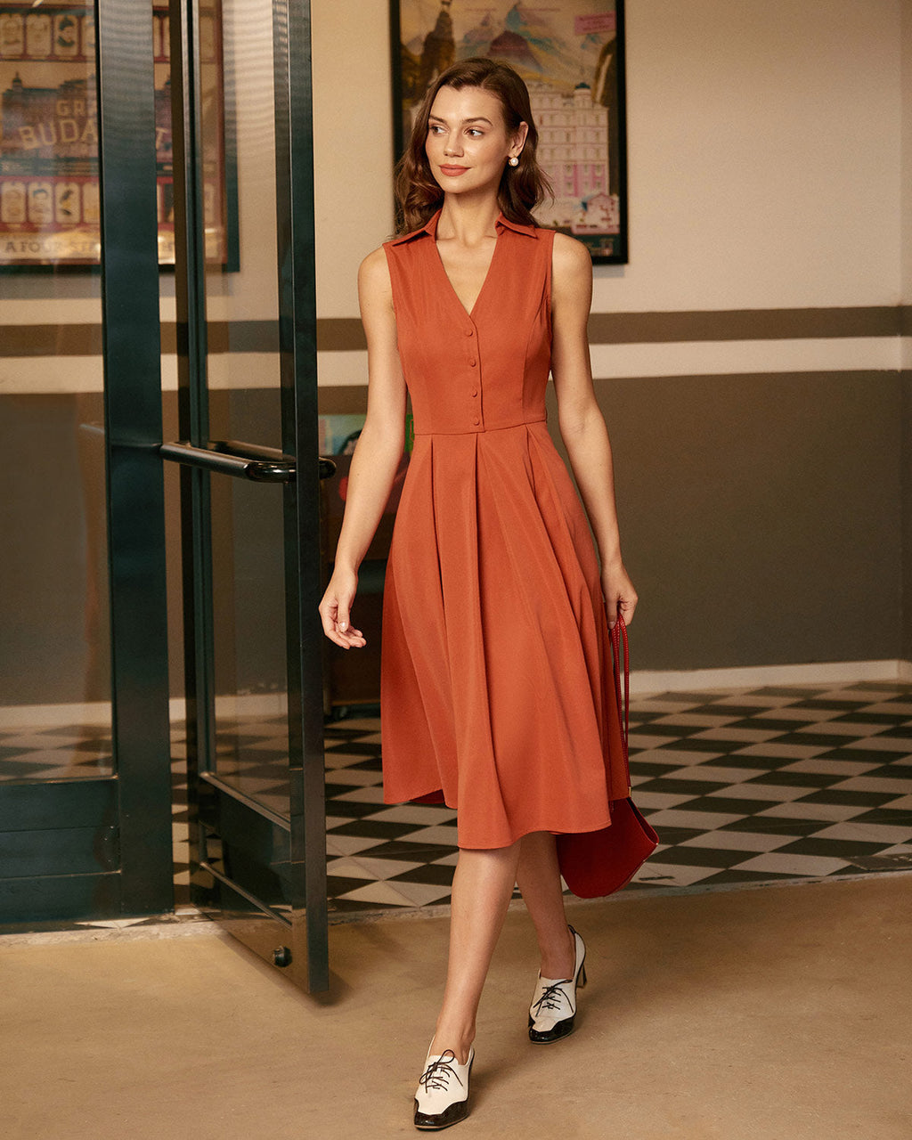 Crimson Sleeveless Midi Dress with Button Detail