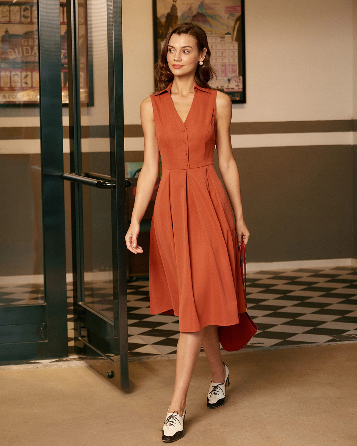 Crimson Sleeveless Midi Dress with Button Detail