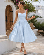 Blue Jacquard Midi Dress with Pockets