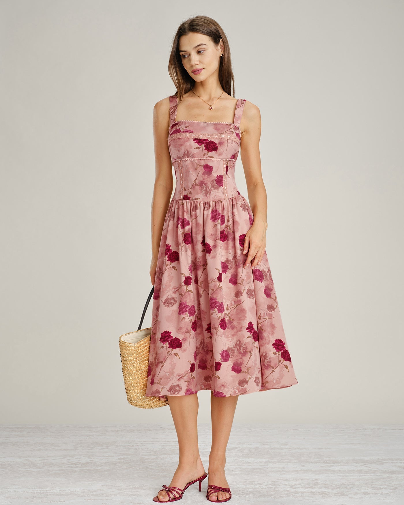 Floral Lace Midi Dress with Pink Square Neck