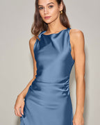 Blue Satin Boat Neck Midi Slip Dress