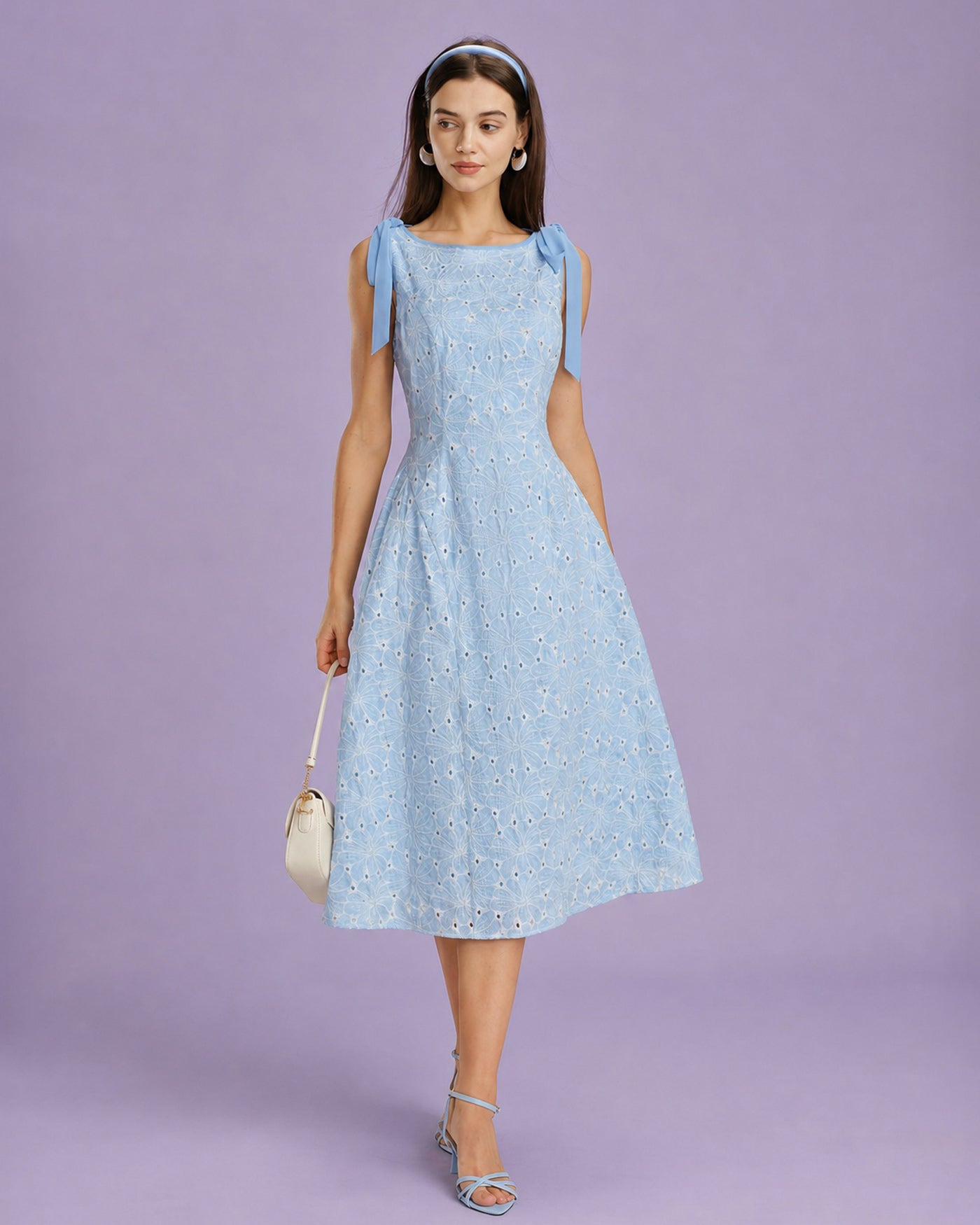 Embroidered Midi Dress with Blue Boat Neck