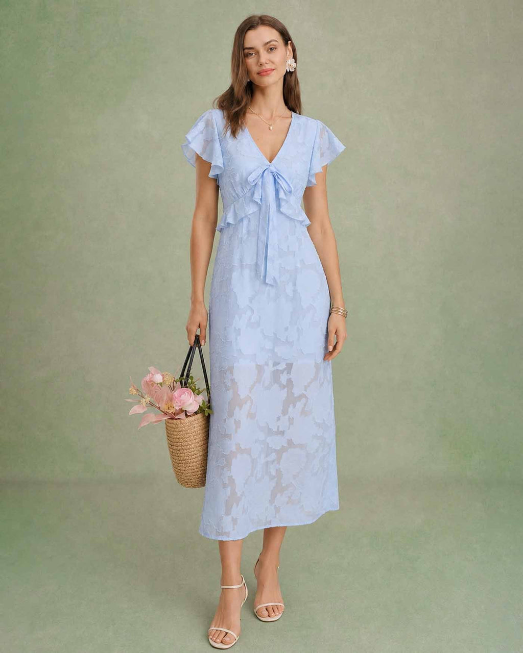 Blue Jacquard Ruffle Midi Dress with V-Neck