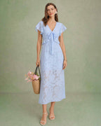 Blue Jacquard Ruffle Midi Dress with V-Neck