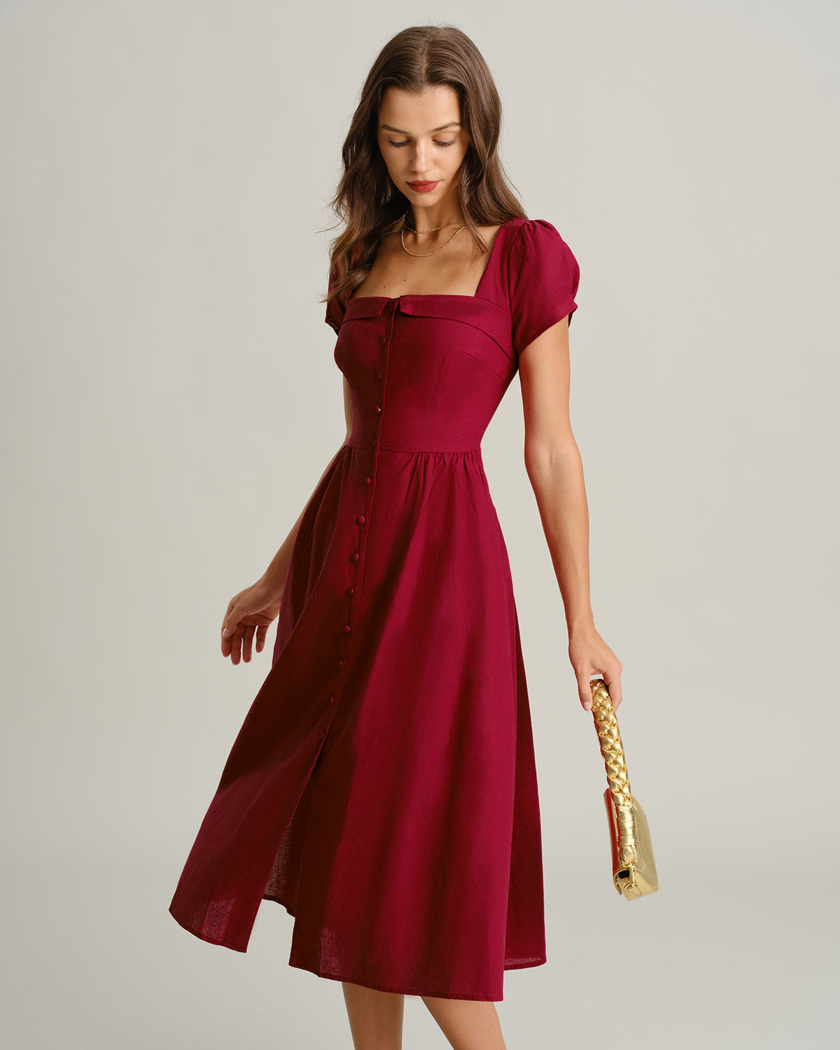 Wine Red A-Line Midi Dress with Square Neckline
