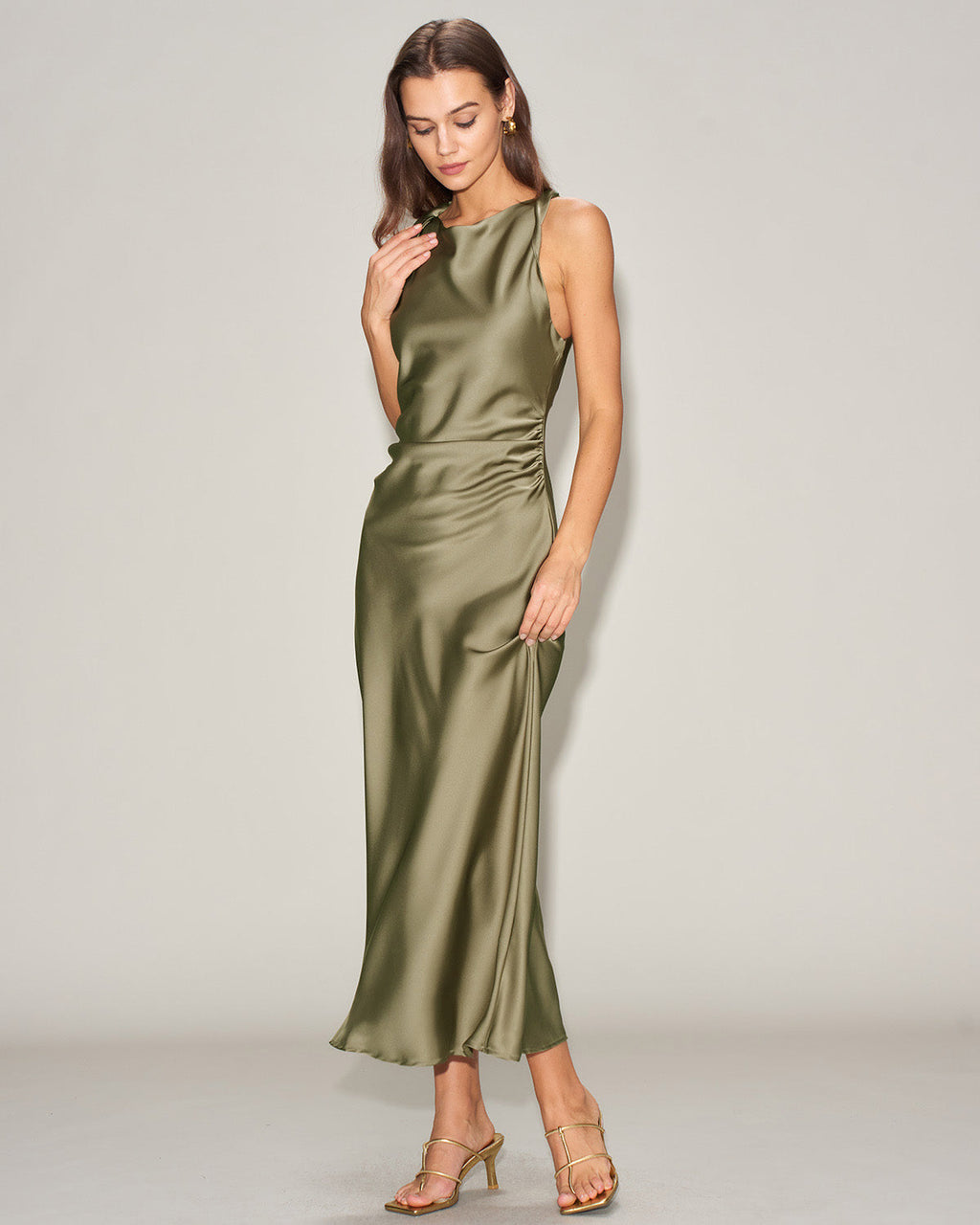 Emerald Satin Boat Neck Midi Slip Dress