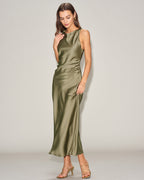 Emerald Satin Boat Neck Midi Slip Dress
