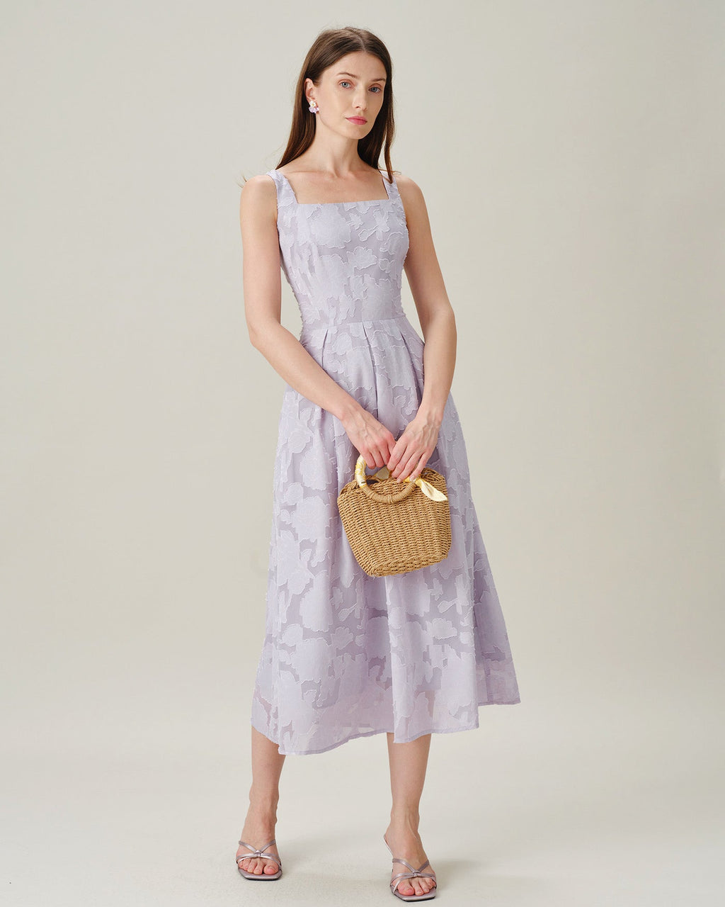 Jacquard Midi Dress with Purple Square Neckline