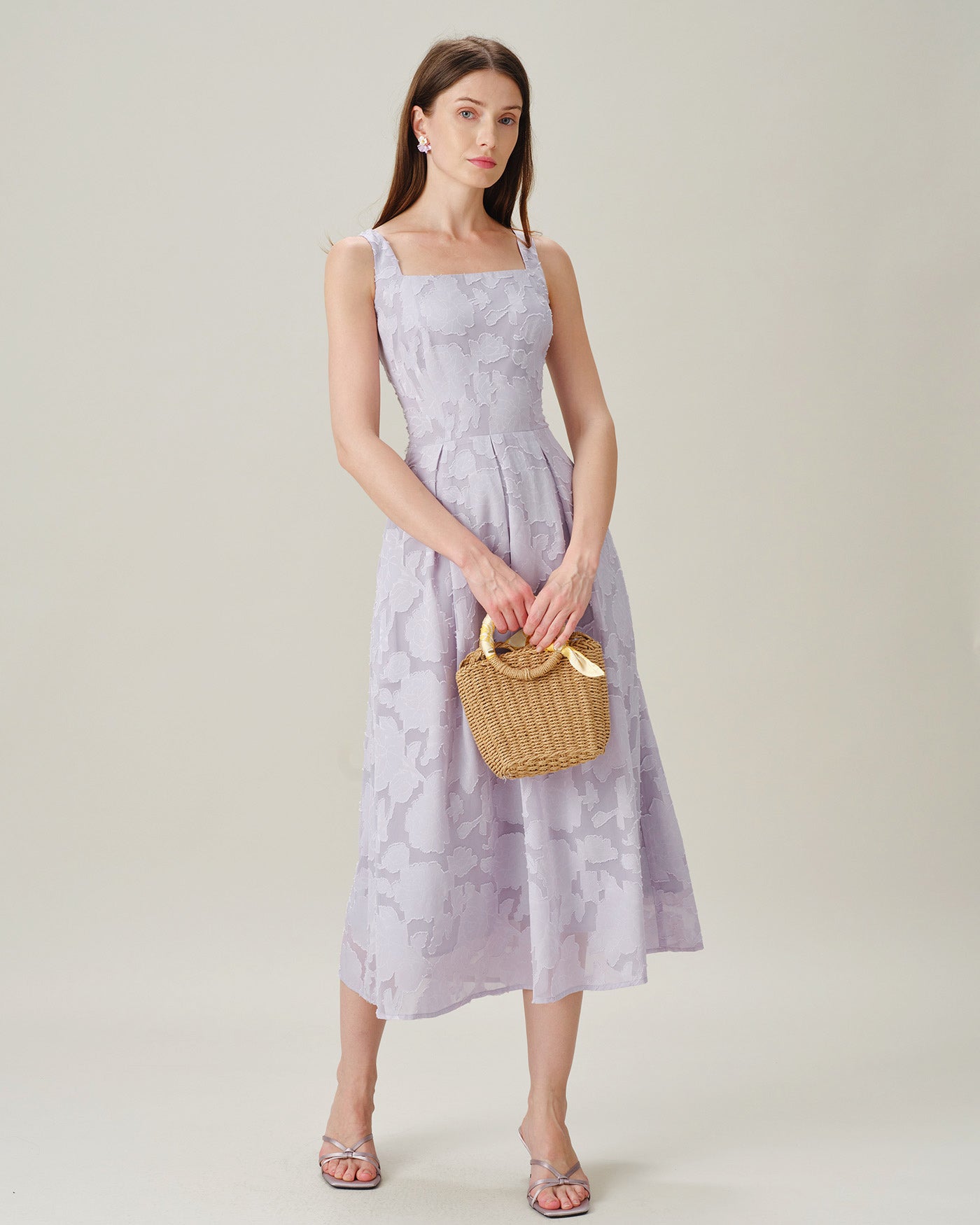 Jacquard Midi Dress with Purple Square Neckline