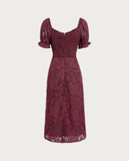 Wine Red Jacquard Midi Dress with Slit