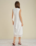 White Midi Dress with Floral Embroidery and V-Neck