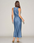 Blue Satin Boat Neck Midi Slip Dress