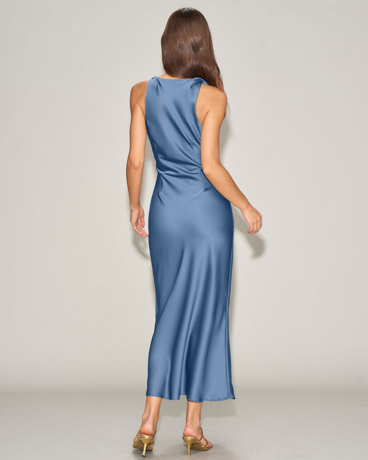 Blue Satin Boat Neck Midi Slip Dress