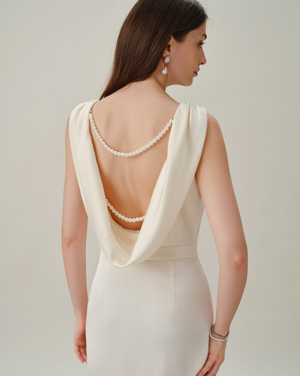 Apricot Pearl Satin Midi Dress with Boat Neck