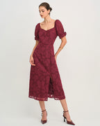 Wine Red Jacquard Midi Dress with Slit