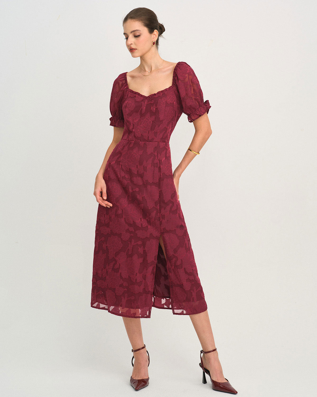 Wine Red Jacquard Midi Dress with Slit