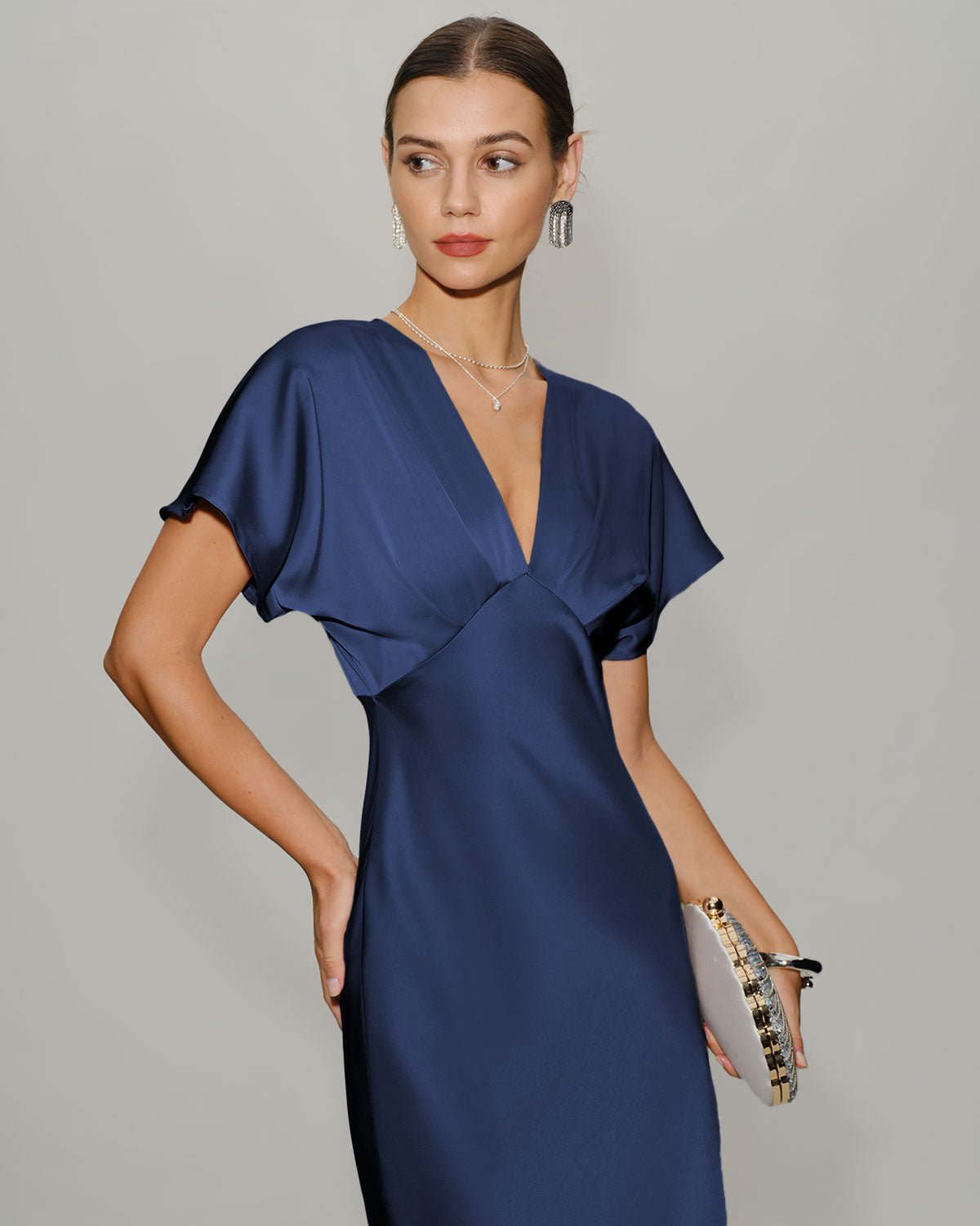Navy Satin Midi Dress with Cowl Sleeves