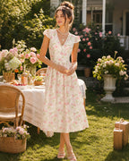 Floral Lace Midi Dress with V-Neck in Pink