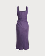 Purple Midi Dress with Square Neck and Slip Design