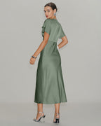 Emerald Satin V-Neck A-Line Midi Dress