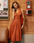 Crimson Sleeveless Midi Dress with Button Detail