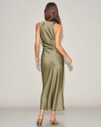 Emerald Satin Boat Neck Midi Slip Dress