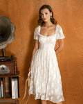 Beige Midi Dress with Square Neck and Puffed Sleeves