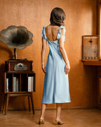 Blue Satin Midi Dress with Square Neck and Ruffle Details