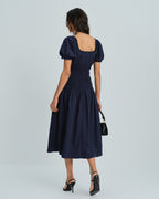Shirred Midi Dress with Blue Puffed Sleeves