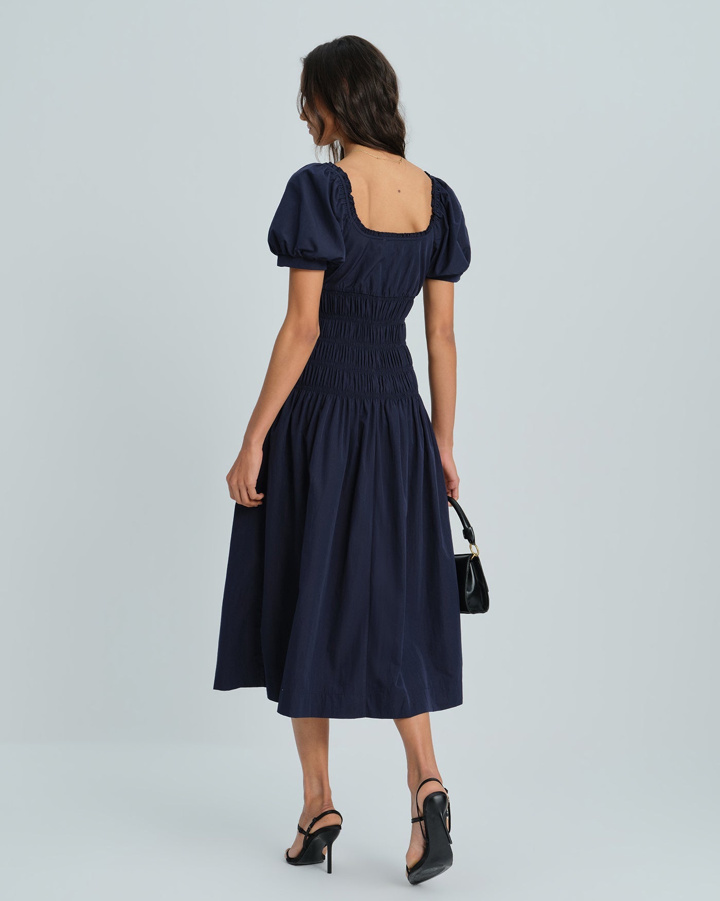 Shirred Midi Dress with Blue Puffed Sleeves