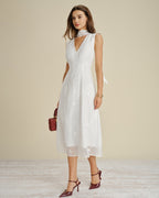 White Midi Dress with Floral Embroidery and V-Neck