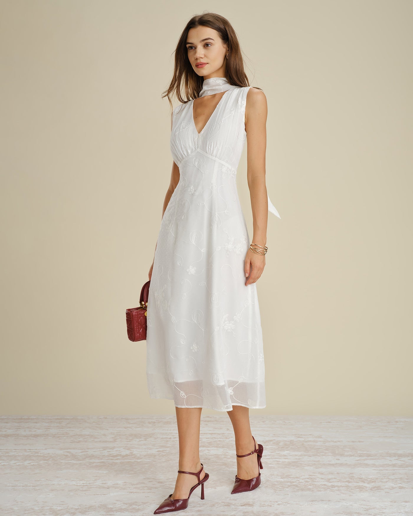 White Midi Dress with Floral Embroidery and V-Neck