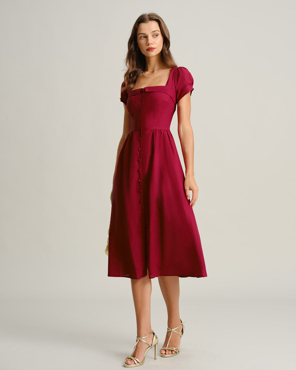 Wine Red A-Line Midi Dress with Square Neckline