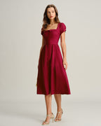 Wine Red A-Line Midi Dress with Square Neckline