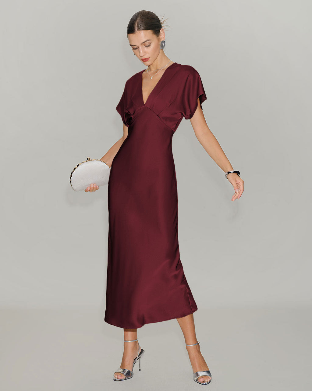 Wine Red Satin Midi Dress with Cowl Sleeves