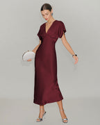 Wine Red Satin Midi Dress with Cowl Sleeves