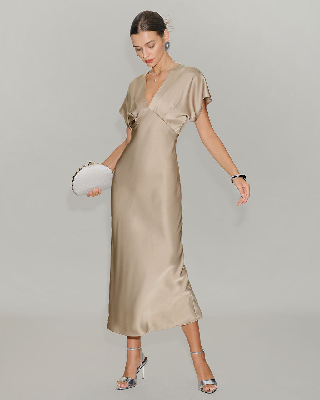 Apricot Satin V-Neck A-Line Midi Dress