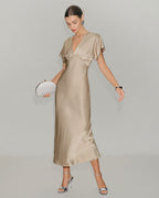 Apricot Satin V-Neck A-Line Midi Dress