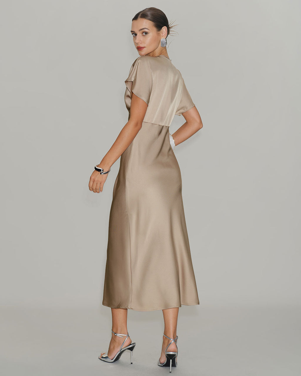 Apricot Satin V-Neck A-Line Midi Dress