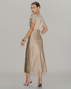 Apricot Satin V-Neck A-Line Midi Dress