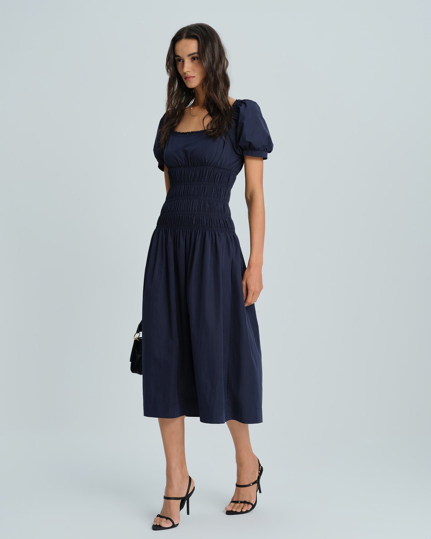 Shirred Midi Dress with Blue Puffed Sleeves