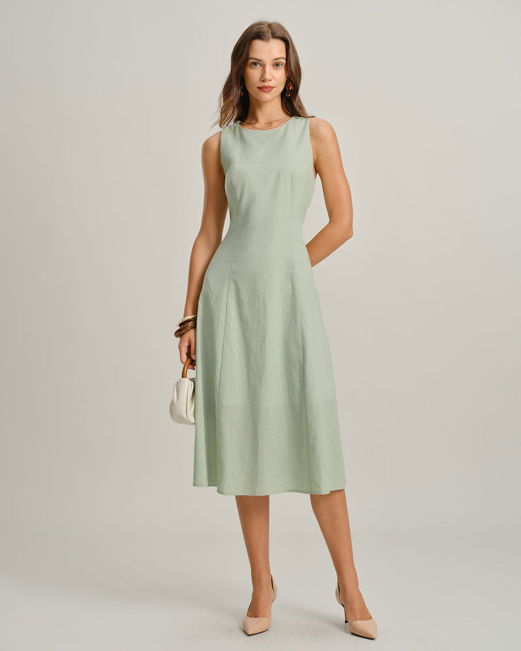 Green Sleeveless Midi Dress with Round Neck