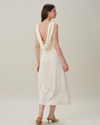 Apricot Pearl Satin Midi Dress with Boat Neck