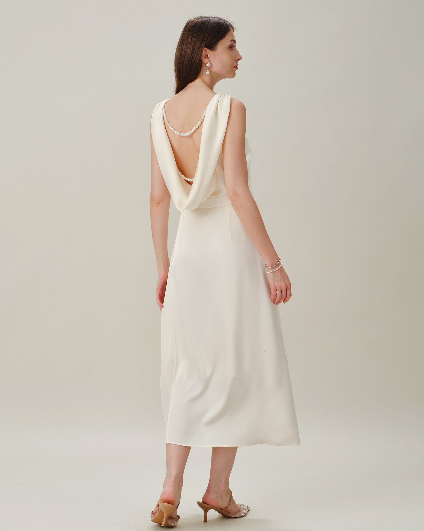 Apricot Pearl Satin Midi Dress with Boat Neck