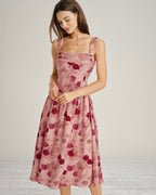 Floral Lace Midi Dress with Pink Square Neck