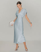 Blue Satin Midi Dress with V-Neck and Cowl Sleeves