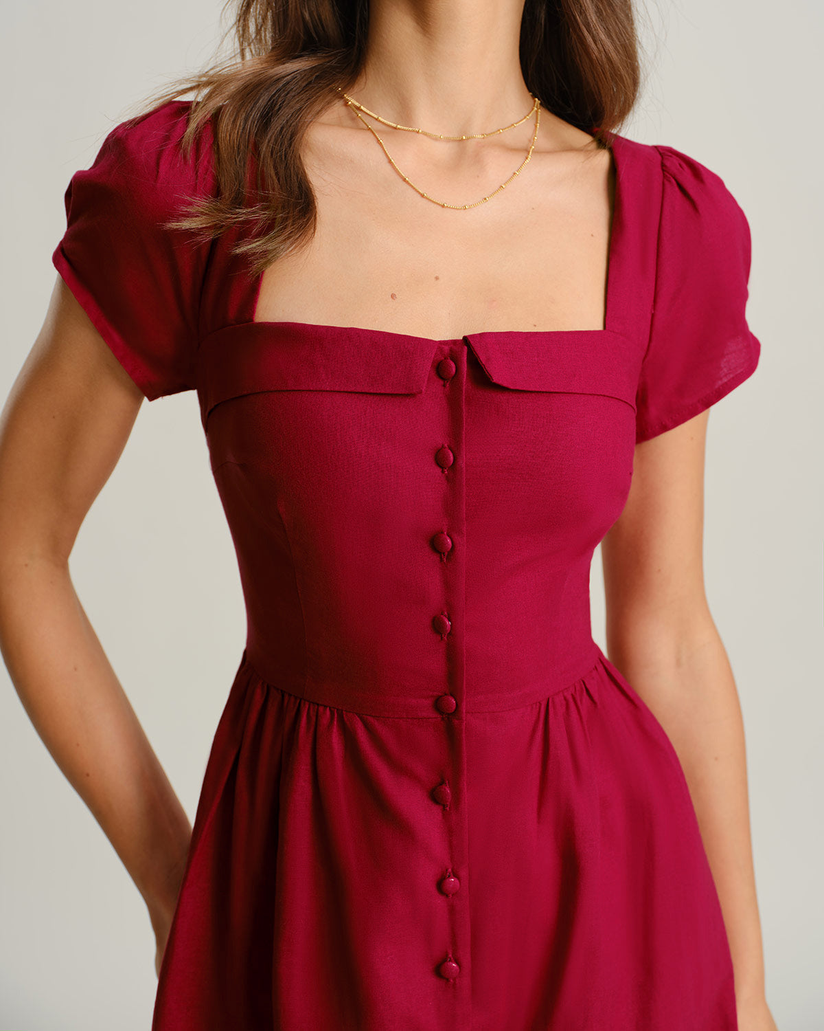 Wine Red A-Line Midi Dress with Square Neckline