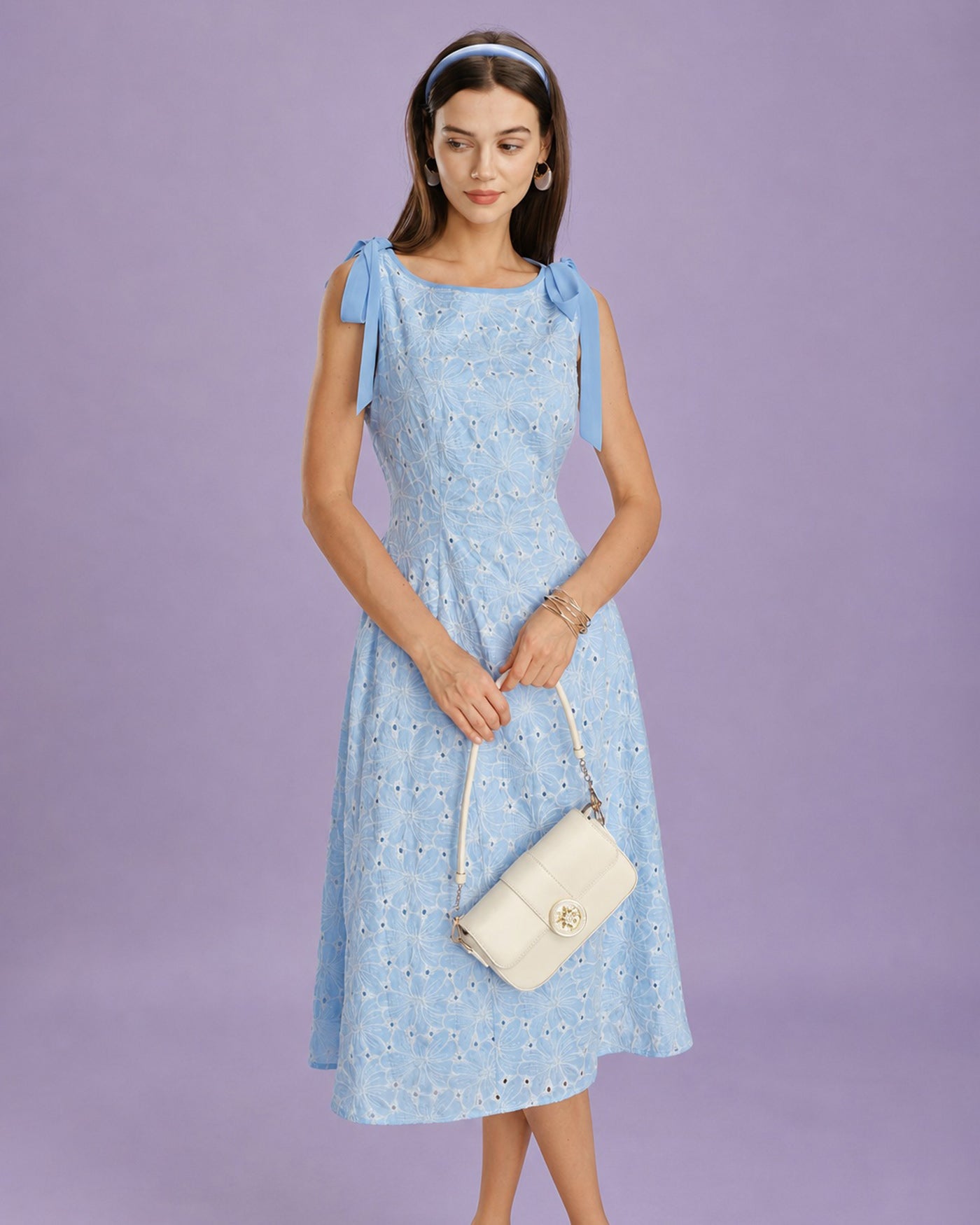 Embroidered Midi Dress with Blue Boat Neck