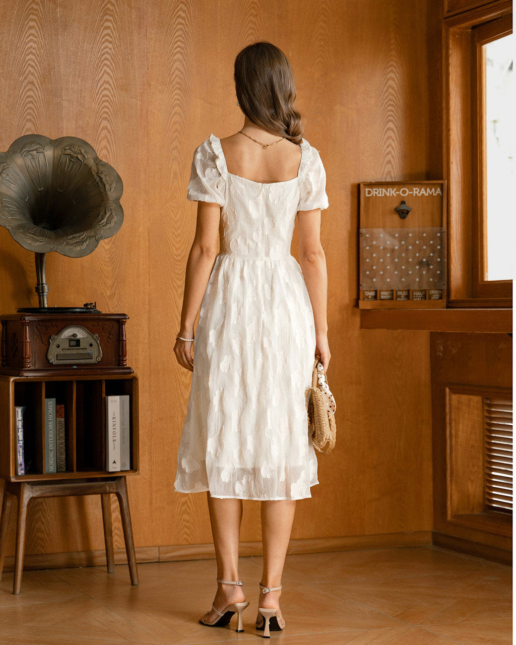 Beige Midi Dress with Square Neck and Puffed Sleeves